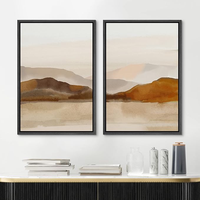 MUDECOR Framed Canvas Print Wall Art Pastel Brown Mountain Range Ocean Lake Wilderness Nature Illustrations Modern Art Decorative Calm/Relax Multicolor Rustic Minimal for Bedroom - 24"x36"x2 Black