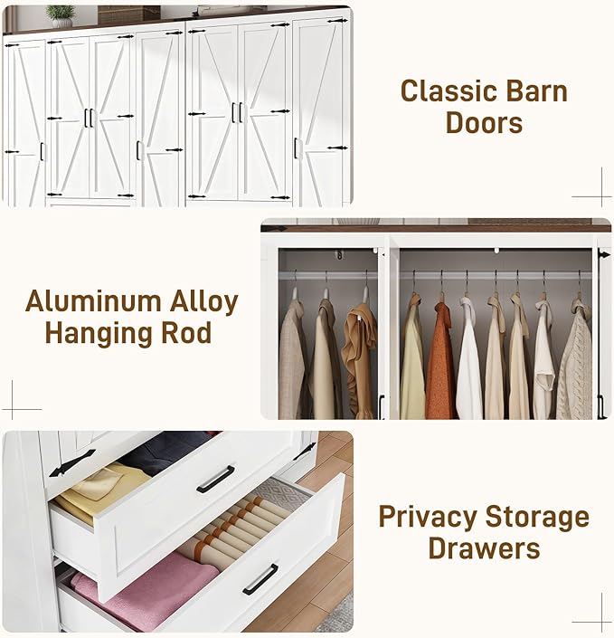 7 Doors Wardrobe Armoire Closet with Doors and Drawers, Farmhouse Wooden Armoire Storage Cabinet with Shelves & Hanging Rod for Bedroom, White