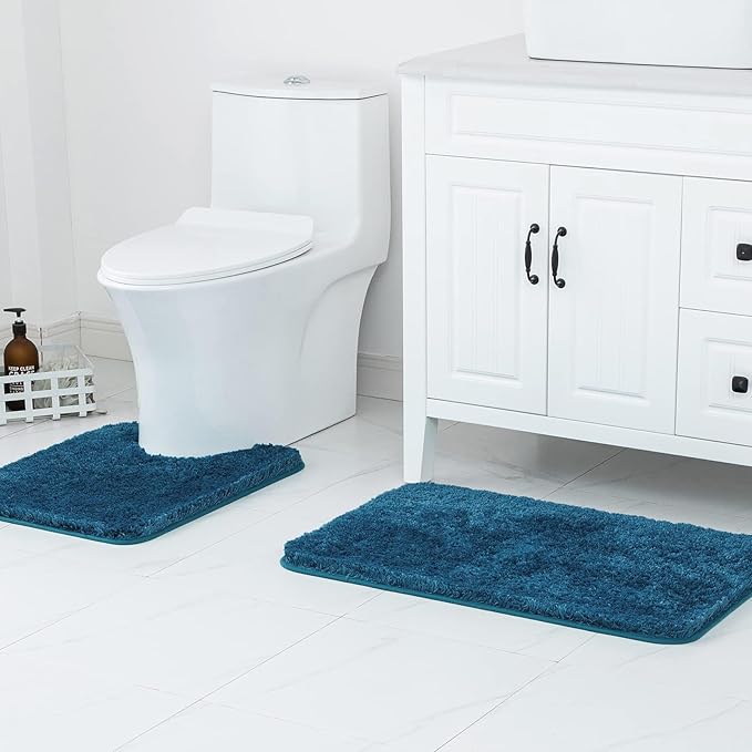 MIULEE Microfiber Toilet Bath Mat U-Shaped Contour Shaggy Bathroom Rugs Non Slip Extra Thick Soft Bath Rug Absorbent Water for Bathroom Commode Machine Washable(20x24 Inch, Navy Blue)