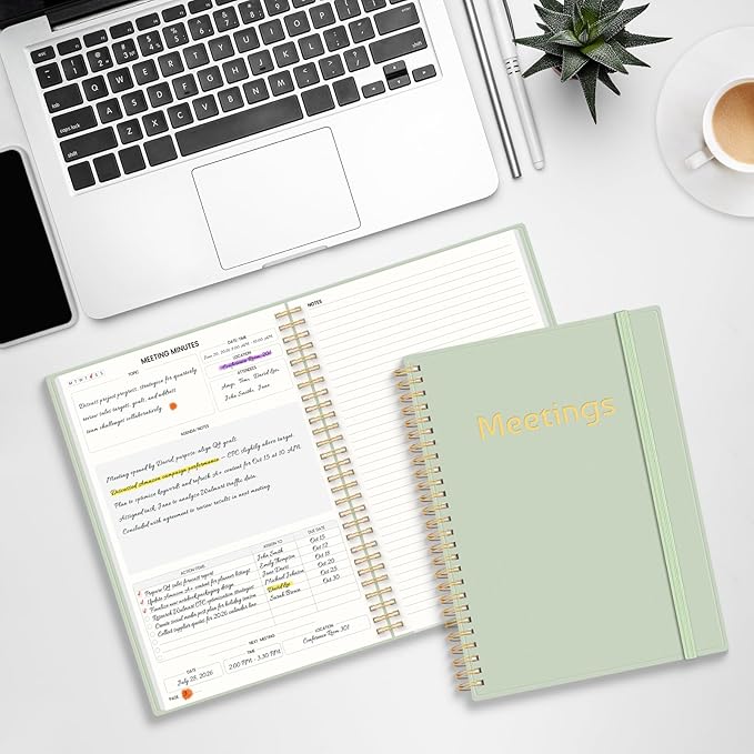 SUNEE Half Meeting Half Note 7"x10" Notebook for Work – 140 Pages, B5 Size Project Planner for Women&Men, Minutes Organizer for Meeting Notes, Ideas for Office/Business, PVC Waterproof Cover, Green