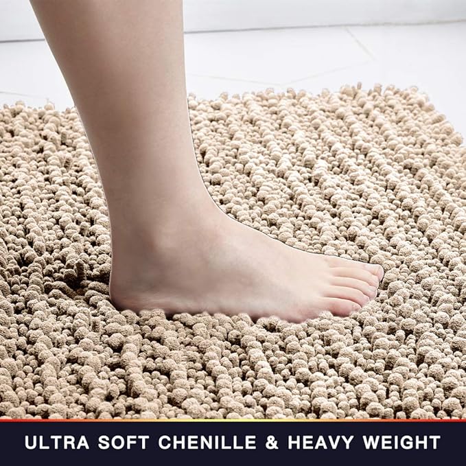 Walensee Large Bathroom Rug Non Slip Bath Mat (24x60 Inch Beige) Water Absorbent Super Soft Shaggy Chenille Machine Washable Dry Extra Thick Perfect Absorbant Best Plush Carpet for Shower Floor
