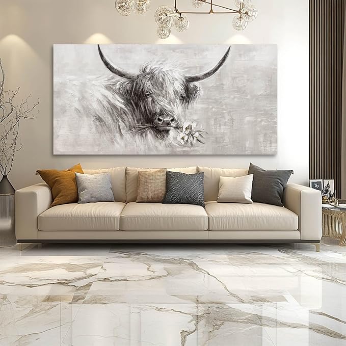 MLART99 Farmhouse Decor Wall Cow Painting Wall Art for Living Room White Flower Wall Decor 29"x 58" Grey Artwork for Bedroom Dining Room Decorations