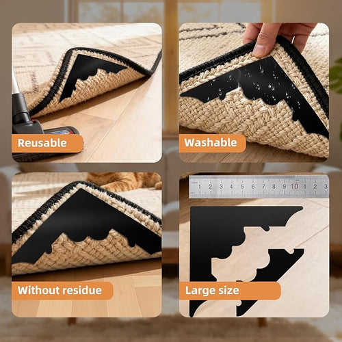 16 Pcs Rug Carpet Non Slip Grippers, No Damage Reusable Rug Tape for Hardwood Floors and Tiles, Keep Corners Flat, Double-Sided Adhesive Area Rugs