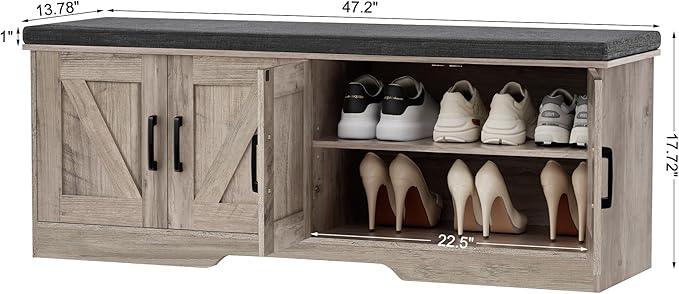 2-Tier Storage Bench, 47.2" Wide Shoe Bench with Padded Seat Cushion, Entryway Bench with 4 Barn Doors and Adjustable Shelf, Greige