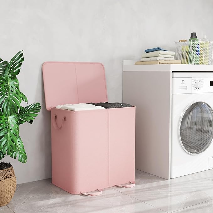 Lifewit Double Laundry Hamper with Lid and Removable Laundry Bags, Large Collapsible 2 Dividers Dirty Clothes Basket with Handles for Bedroom, Laundry Room, Closet, Bathroom, College, 136L Pink