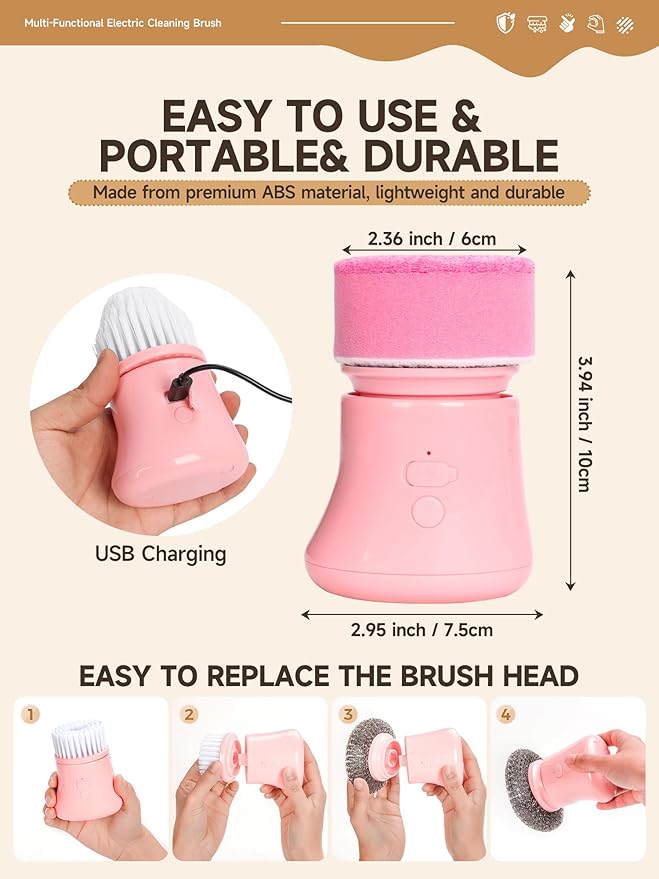 Electric Spin Scrubber, Cordless Cleaning Brushes, Pink Dish Brush kit, Gift for Woman, for Bathroom/Kitchen/Floor/Home/Grout/Tile, IP66 Waterproof Household Cleaning Supplies, Apartment Essentials
