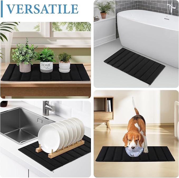 Ultra Quick Drying Stone Bath Mat Diatomaceous Earth Shower Mat Non-Slip Foldable Dish Drying Mats for Bathroom Floor, Kitchen Counter, Pet, 23x15, Black