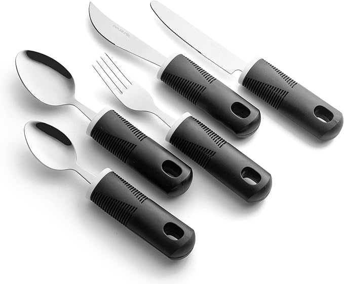Special Supplies Adaptive Utensils (5-Piece Kitchen Set) Wide, Non-Weighted, Non-Slip Handles for Hand Tremors, Arthritis, Parkinson’s or Elderly Use - Stainless Steel (Black)