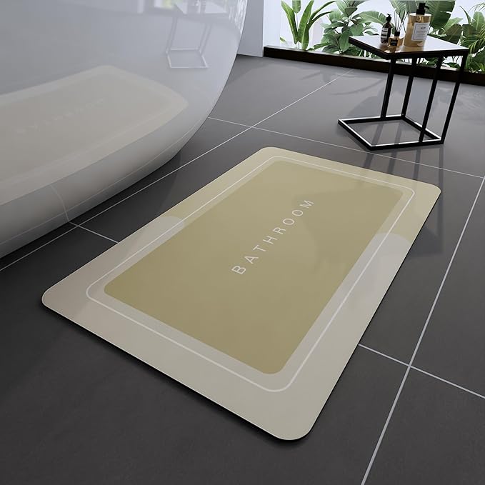 Bath Mat, Bathroom Mat Rugs Super Absorbent Shower Mats Non Slip Quick Dry Thin Rubber Mats for Bathroom Floor Fit Under Door, Shower Rug for Bathtub, Shower, Beige
