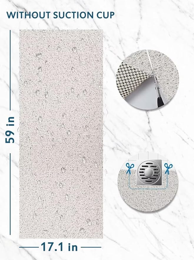 godehone Shower Mats Non Slip Without Suction Cups, PVC Loofah Bathroom Mats, Loofah Mats for Shower and Bathroom, Quick Drying, 17.1× 59 Inch, White