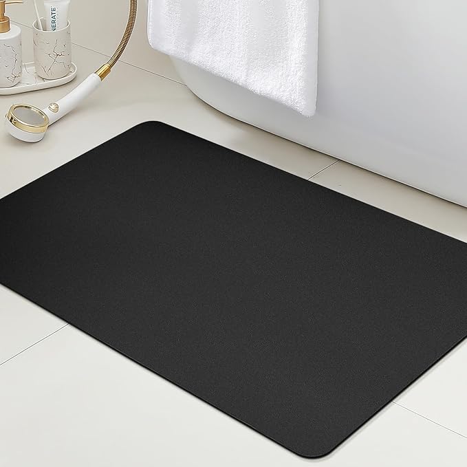 Ultra Thin Bath Mat, Upgrade Backing Non Slip Thin Bath Mats Fit Under Door, Quick Dry Ultra Absorbent Bathroom Rugs, Machine Washable Bath Rugs for Bathroom, Bathtub & Kitchen, Black/Solid/24"x17"