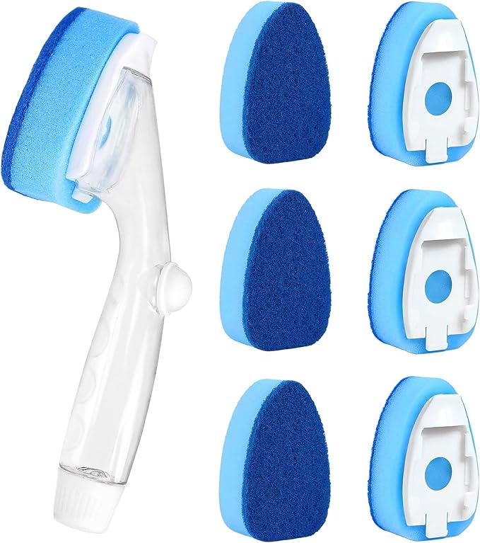 Dishwand Refills Soap Control Handle,6 Heavy Duty Dish Wand Sponge Heads,Non Scratch Scrubbers Replacement Refill Brush Dispenser,Dishwashing Scrub for Sink Non-Stick Kits Dishwasher Cleaning