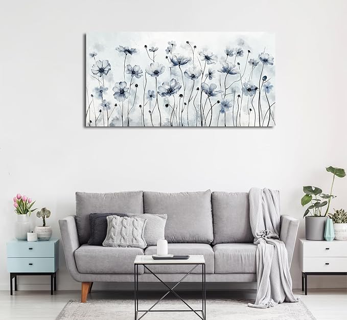 VEAEE Framed Flowers Canvas Wall Art - Indigo Floral Canvas Pictures, Living Room Wall Decor, Botanical Canvas Prints Painting Abstract Artwork Bedroom Office Home Decor 24"x 48"