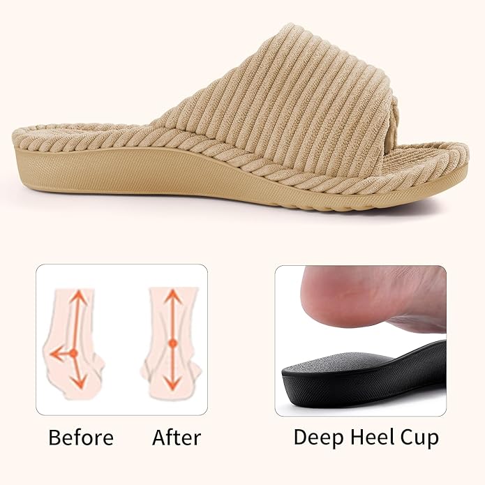 Litfun Orthopedic House Slippers for Women Adjustable Arch Support Indoor Slippers Open Toe Corduroy Bedroom Shoes