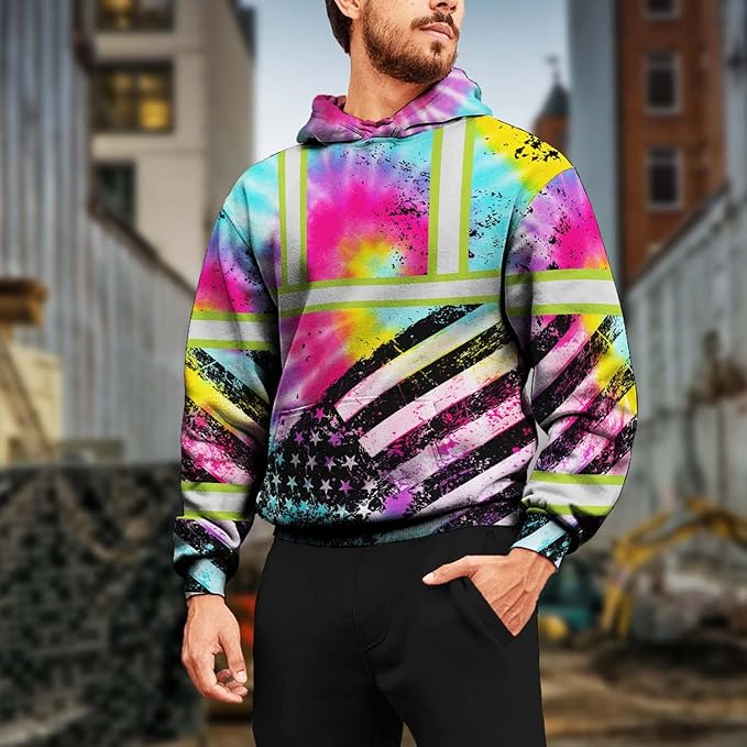 US Flag High Visibility Hoodie for Men Reflective Hoodie Safety Workwear for Worker Runner Patriotic ACC02