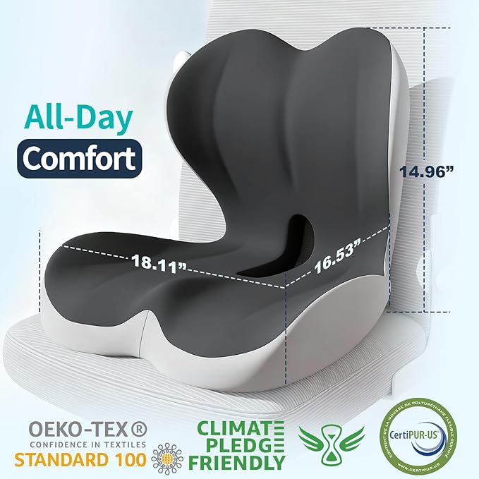 Seat Cushion for Office Chair and Car, Back & Tailbone Pain Relief, Raised Cushion for Back and Butt, Improves Sitting Posture, Ergonomic Memory Foam Lumbar Cushion, Double-Sided Anti-Slip
