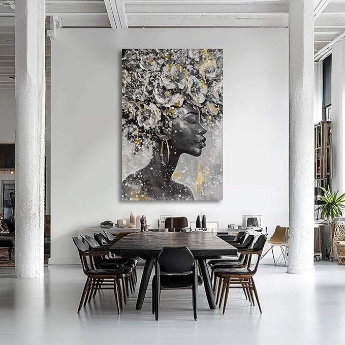 MLART99 Large Gold Flowers Painting for Office African American Black Woman Portraits for Bedroom 32"x 48" Posters for Room Aesthetic Grey Wall Hanging Decor for Living Room