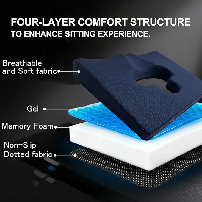 Gel Wheelchair Seat Cushion,Bed Sore Cushions for Butt,Chair Pressure Sore Cushion,Memory Foam Butt Pillow for Bed,Pressure Ulcer Pain Relief, Sciatica,Coccyx, Non-Slip Washable Cover(Blue)