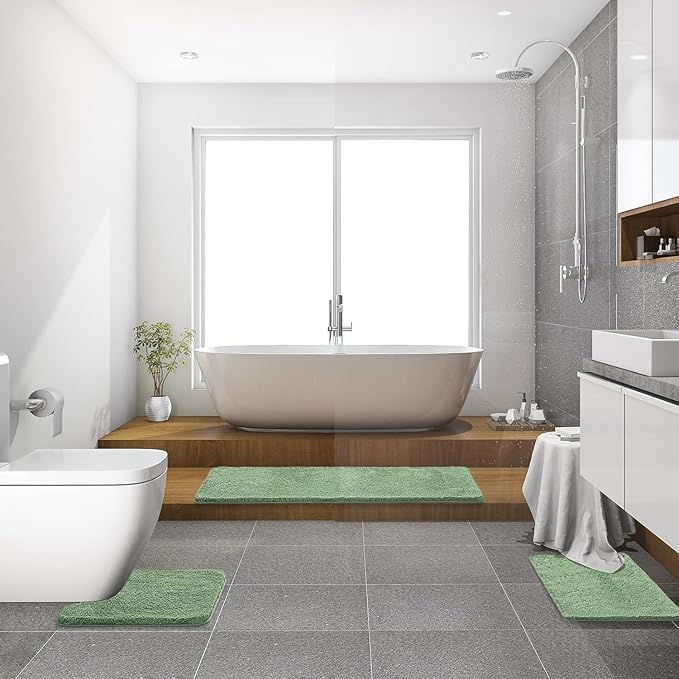 MIULEE Extra Thick Non Slip Bathroom Rug Shaggy Soft Bath Mat Plush Microfiber Absorbent Water for Shower Tub Machine Washable (Sage Green, 16x48 Inches)