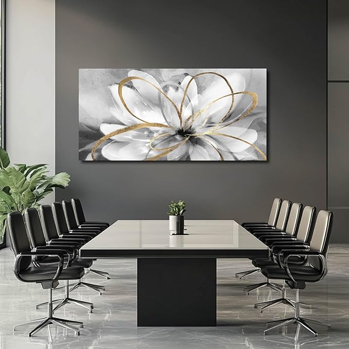 SOUGUAN Large Canvas Wall Art White Flower Painting 30x60 Inch Black Art for Living Room Bedroom Office Home Wall Accents