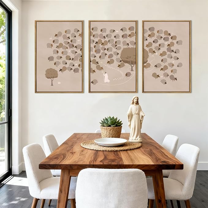 IARTTOP Large Jesus Christian Framed Wall Art 16x24 Inch Beige God Bible Religious Canvas Wall Decor Set of 3 Modern Abstract Jesus Leaves the 99 Sheep Prints for Living Room Dining room