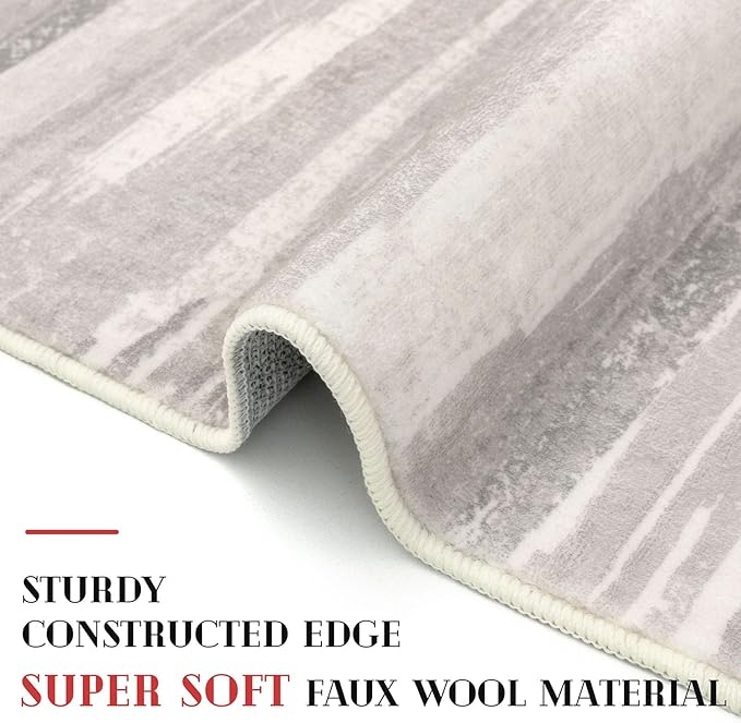 Modern Abstract Runner Rug 2x6, Neutral Light Beige and Grey Washable Kitchen Runner Non-Slip Soft Hallway Rug Runner Thin Print Faux Wool Carpet for Entryway Bedroom Laundry Room Indoor