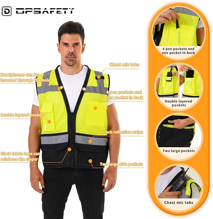 Reflective Safety vest With back plan pocket,High visibility Class 2 Heavy Duty Surveyor Vest with Zipper,Hi Vis Construction Work Vest for Men＆Women ANSI/ISEA(Yellow-Bottom,L)