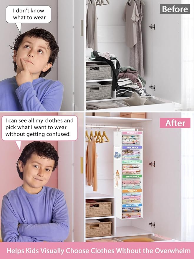 Weekly Clothes Organizer for Kids 6-Shelf Hanging Closet Organizer with Monday Through Friday Compartments & 2 Side Pockets – Space-Saving Clothes Storage for Children Closet Storage
