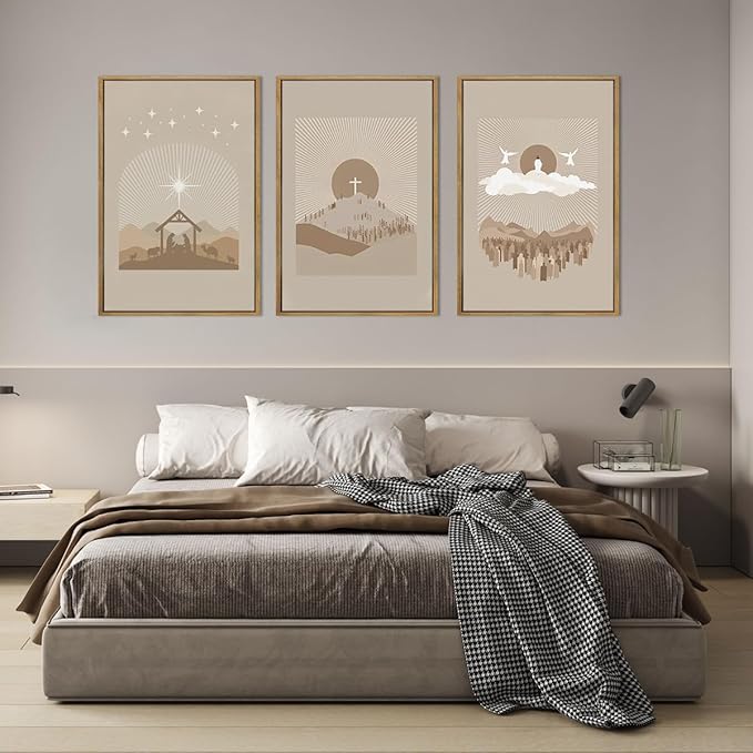 IARTTOP Extra Large Jesus Framed Wall Art 24x36 Inch Set of 3 Brown Nativity Christian Canvas Wall Decor Grey Bible Verse Artwork for Church Living room Bedroom