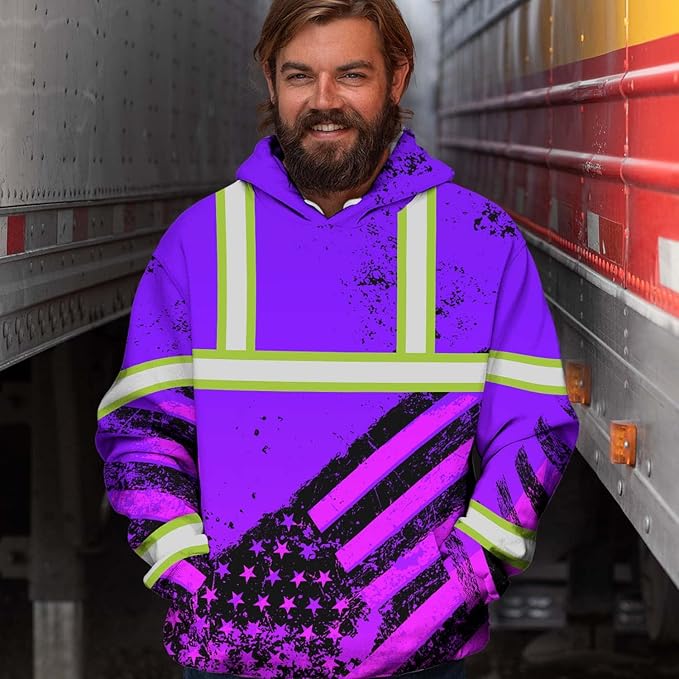 US Flag High Visibility Hoodie for Men Reflective Hoodie Safety Workwear for Worker Runner Patriotic ACC02