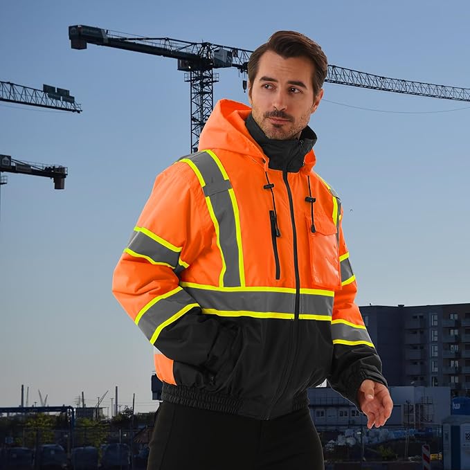 Hi Vis Safety jacket for men,Reflective high Visibility Hooded jacket,Work Bomber Jacket with Pockets and Zipper,Waterproof,ANSI Class 3 Black Bottom Tangerine,5XL