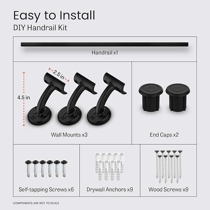 Meranti Aluminum Handrail for Indoor or Outdoor Steps and Stairs – Hand Rails for Elderly – DIY Complete Stair Railing Kit (AHR, Black Textured, 7' Length)