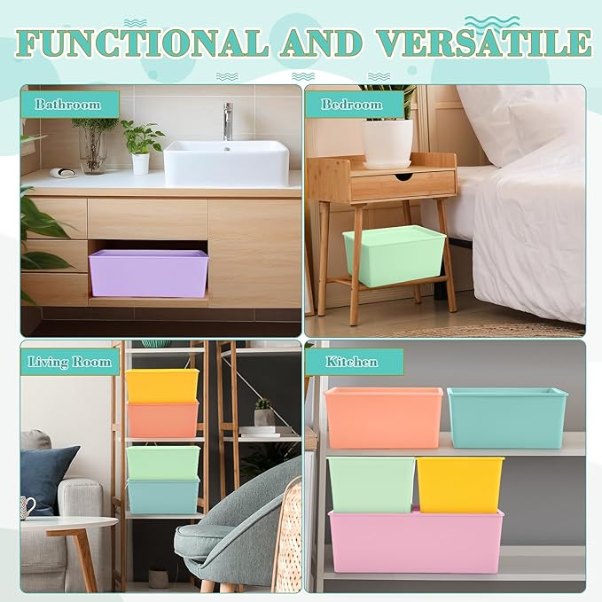 Menkxi 6 Pcs Plastic Storage Bins with Lids Stackable Storage Containers Durable Box Baskets for Organizing Shelves Playroom Classroom Office (Macaron Color,Large and Small)