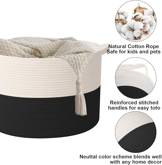 Large Storage Basket with Handle,19.7" L x 19.7" W x 13" H Blanket Basket Storage Bins for Organizing,65L Cotton Rope Woven Baskets for Living Room, Nursery ,Bedroom,White&Black