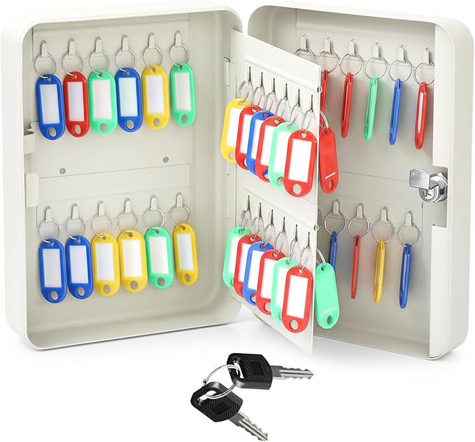 Ripeng 48-Keys Key Lock Box Wall Mount Steel Key Cabinet Lock Box Security Holder with Tags and Hooks Organizer Wall Safe Storage for Car Office Hotel House Rental Business, White