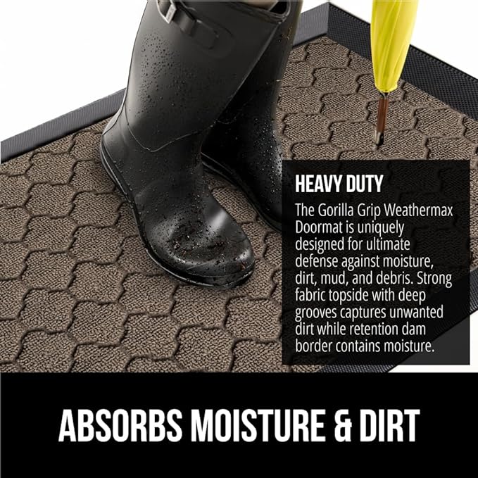 GORILLA GRIP 100% Waterproof All-Season WeatherMax Doormat 35x23, US Designed Natural Rubber, Stain and Fade Resistant, Low Profile Indoor Outdoor Door Mats, Easy Clean Patio Mat, Beige Quatre