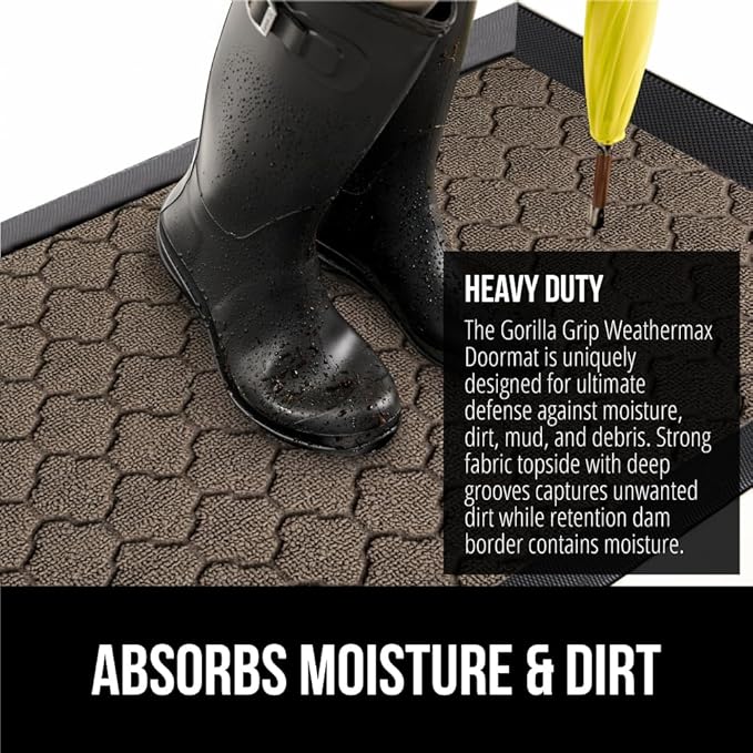 GORILLA GRIP 100% Waterproof All-Season WeatherMax Doormat, 34x58, US Designed Natural Rubber, Stain and Fade Resistant, Low Profile Indoor Outdoor Door Mats, Easy Clean Patio Mat, Latte Quatrefoil