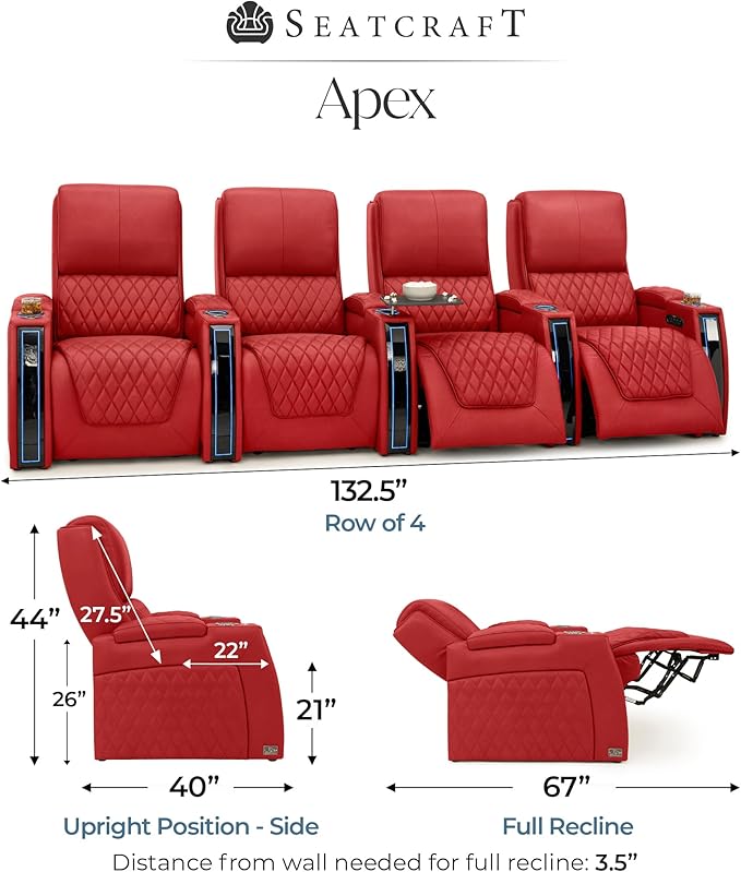 Seatcraft Apex Zero-Gravity CoolZero Italian Leather Home Theater Seating, Powered Headrest, Powered Lumbar, Powered Recline, Row of 4, Red