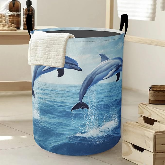 Laundry Basket,Dolphin Jump Large Canvas Fabric Lightweight Storage Hamper Organizer Dirty Clothes Collapsible Waterproof for College Dorms,Bathroom