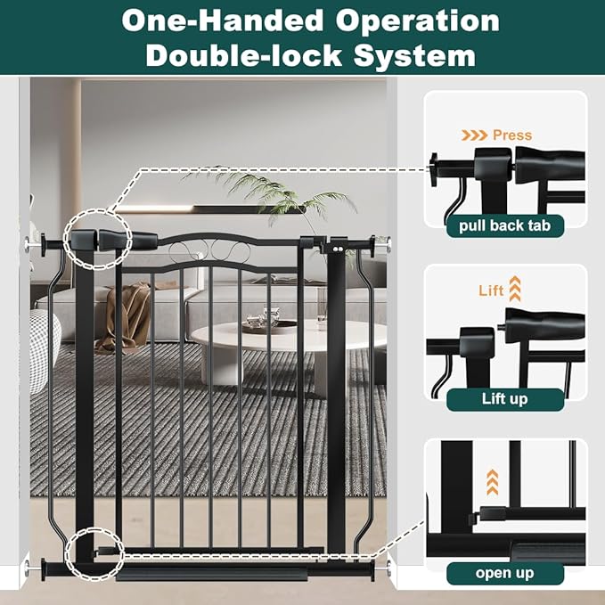 29.53"-43.30" Mornyray Auto-Close Baby Gate Extra Wide, Pressure Mounted Dog & Pet Gate for Stairs Doorways, No Drill Safety Barrier with Lace Design, Metal Child Proof Gate Indoor Outdoor, Black