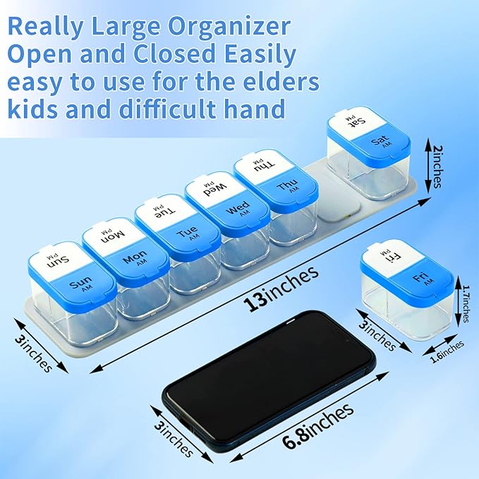 Daviky Large Pill Organizer 2 Times a Day - XL Pill Box 7 Day, Big Vitamin Holder with 7 Detachable AM/PM Compartments, Big Supplement Container for Weekly or Daily Use (Blue)