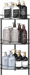 3 Tier Floor Standing Corner Shower Caddy Organizer Shelf with Hooks, Bathroom Shelves Stand Rack, Matt Black