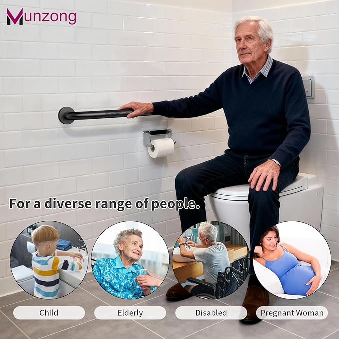 16 Inch Anti Slip Grab Bar for Shower, 2 Pack Munzong Oil Rubbed Black Bathroom Grab Bar, Knurled Handicap Balance Bar,Safety Hand Rail Support Elderly Senior