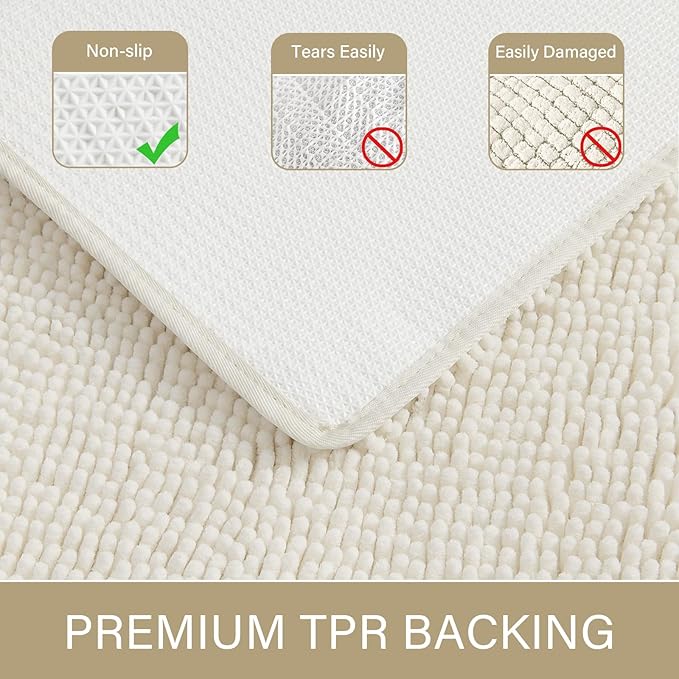 LOCHAS Luxury Bathroom Rug Shaggy Bath Mat 24 x 70 Inch, Washable Non Slip Bath Rugs for Bathroom Shower, Soft Plush Chenille Absorbent Carpets Mats, Cream White
