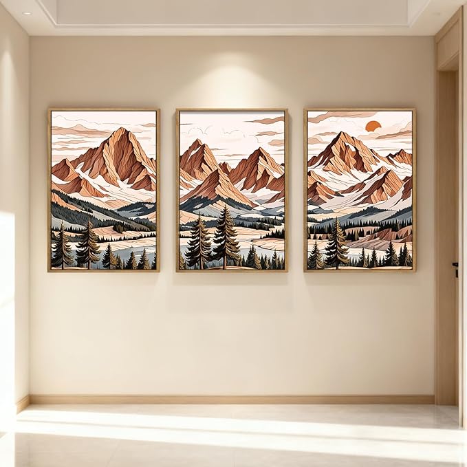 IARTTOP Framed Mountain Canvas Wall Art Large16x24 Inch Abstract Mountain Art Prints Set of 3 Vintage Nature Scenery Wall Decor for Living Room Bedroom Office