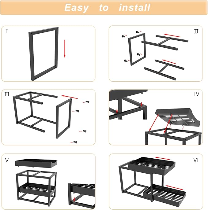 2-Tier Bathroom Organizers and Storage, Metal Under Sink Organizers,Pull Out Cabinet Organizer Shelf, Sliding Drawer for Kitchen Pantry Cabinet Closet Organization Rack (Black, 2 Pack)