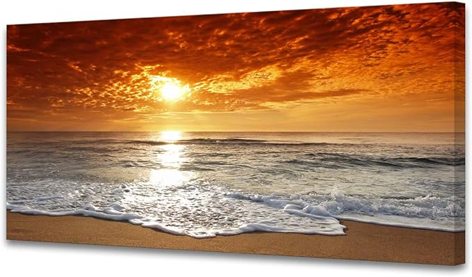 Muolunna S04675 Canvas Prints Wall Art Sunset Ocean Beach Pictures Paintings for Living Room Bedroom Home Decorations Framed Ready to Hang Seascape Waves Artwork 30x60inch