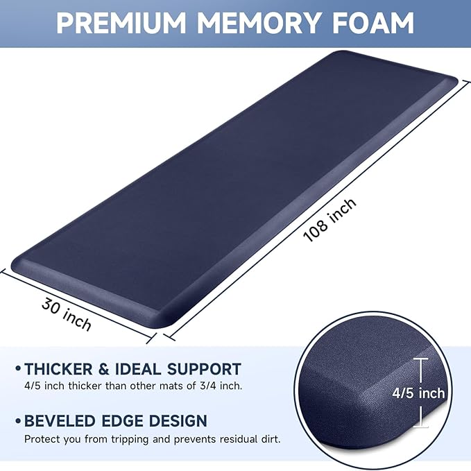 4/5 Inch Thick Kitchen Mats for Floor, StepRite Kitchen Rug for Standing Desk, Non-Slip, Thicker, Stain & Water Resistant, Comfort Anti Fatigue Floor Mat for Home, Kitchen, Office - Blue,108 * 30''