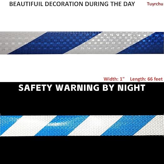 Blue and White Reflective Tape Outdoor Waterproof 1 inch X 66 feet, High Visibility Hazard Conspicuity Safety Industrial Marking Tape
