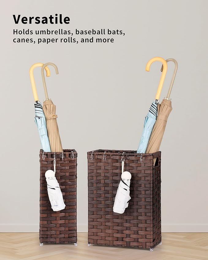 Rattan Umbrella Stand, Umbrella Holder for Entryway, Hand Woven Umbrella Rack Organizer Freestanding, with a Detachable Drip Tray, 4 Hooks, 6.5" L x 6.5" W x 16.5" H, Brown